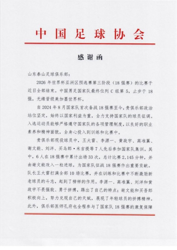 鲁媒：中国足协向泰山致感谢函，6人在18强赛累计出场33次