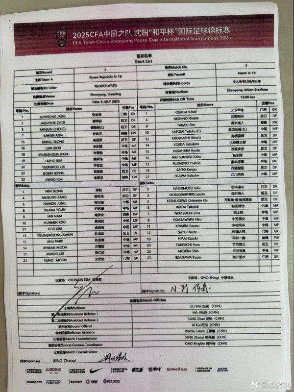 韩国U16vs日本U16首发:日本较对阵中国更换整套首发 韩国大轮换