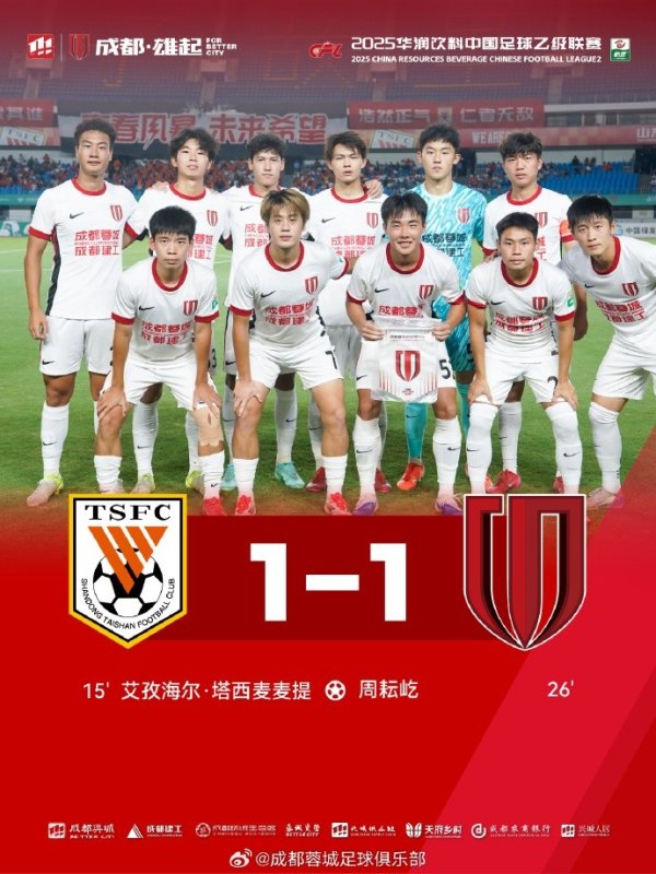 中乙联赛决赛阶段首轮，成都蓉城B队1-1战平山东泰山B队
